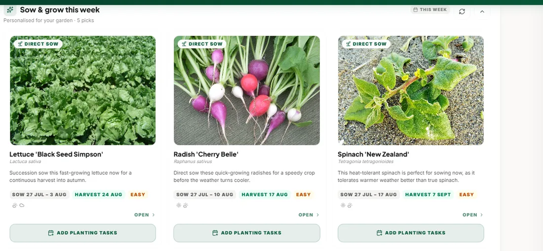Weekly seasonal sowing picks with sowing windows and harvest dates