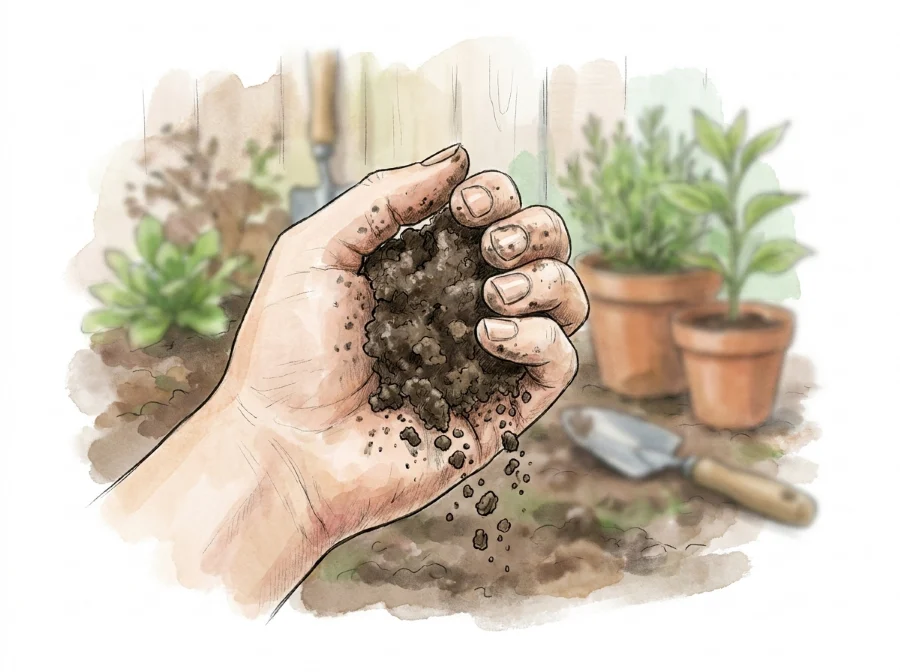Illustration of a gardener testing soil moisture in a pot