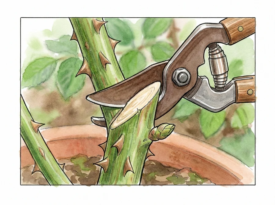 Illustration of a rose stem being cut above an outward-facing bud
