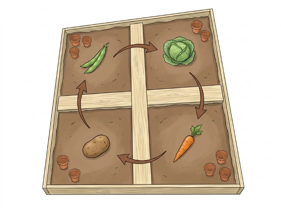 Illustration of a four-bed crop rotation with legumes, brassicas, roots and potatoes