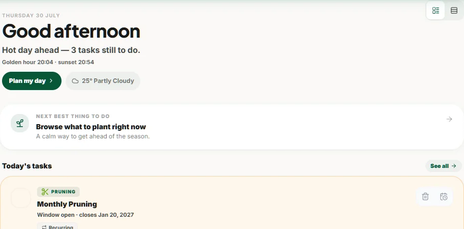 The Rhozly dashboard — a hot-day greeting, the next best thing to do, and today's tasks