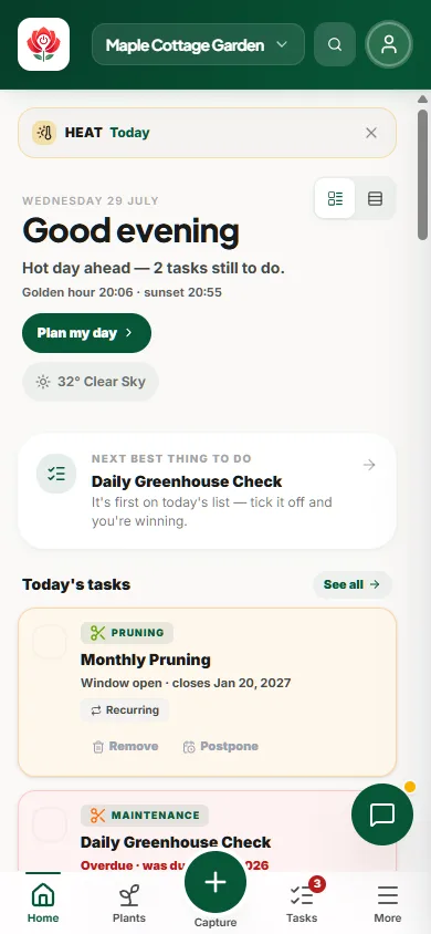 The Rhozly dashboard on a hot July evening — weather alert, next best thing to do, and today's tasks